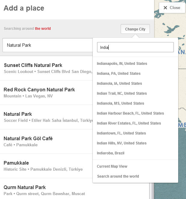 Search Places in Pinterest for new board